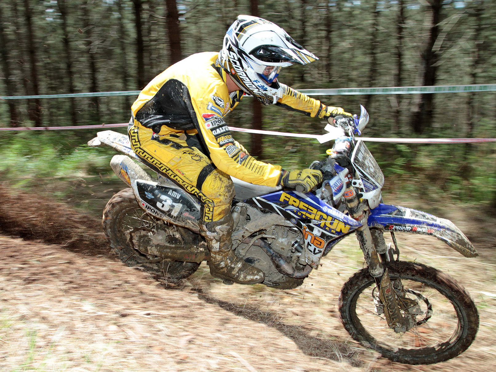 Focused dirt bike rider speeding past on forest track