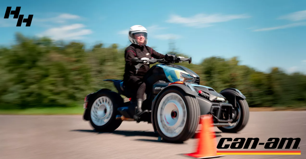 A woman taking her driving lesson on a Can-Am 3 wheeler