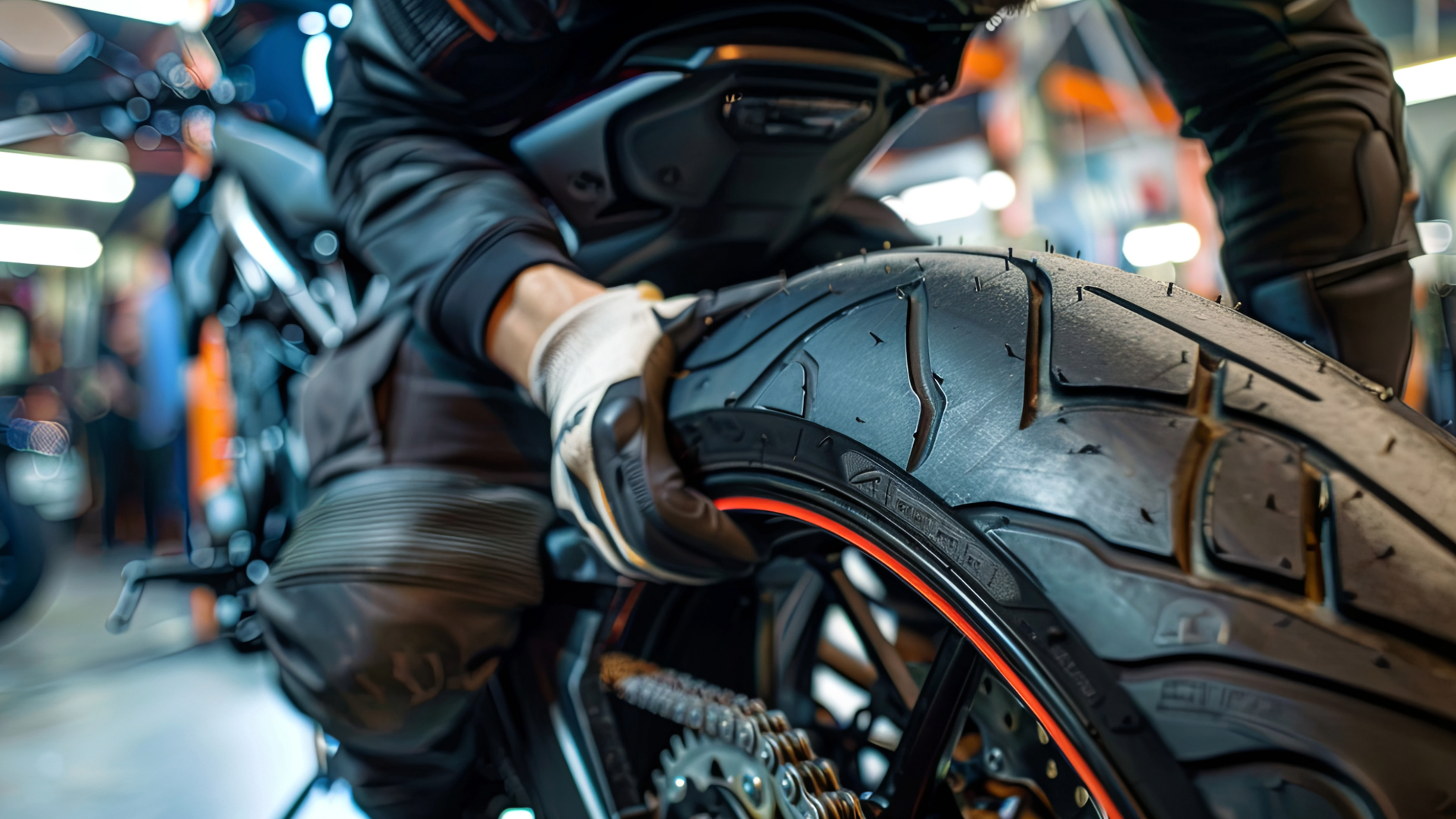 Inspecting motorcycle tire tread depth and pressure before first spring ride