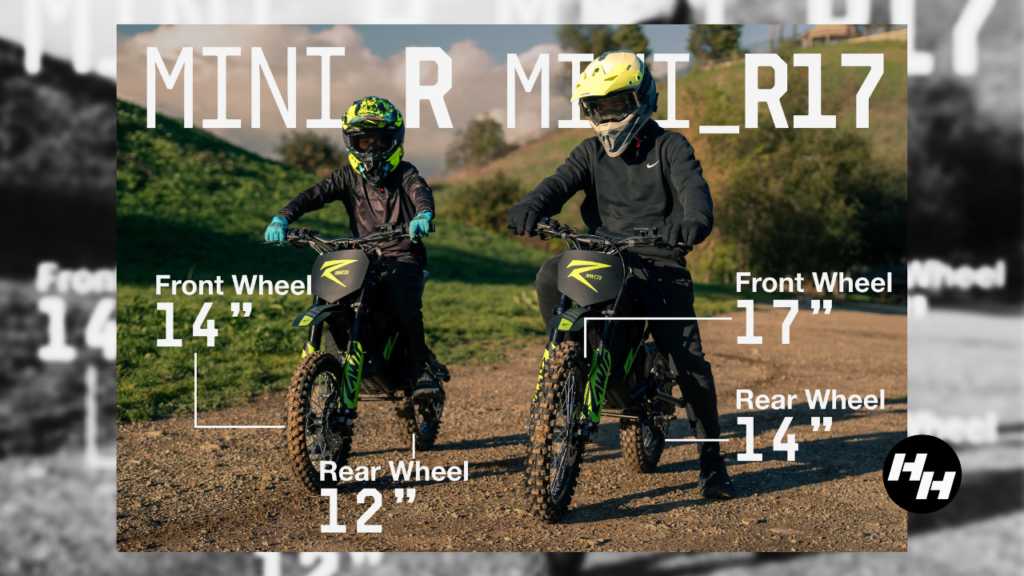Photograph of the wheel size comparison between the Mantis Mini R and the Mantis Mini R17.