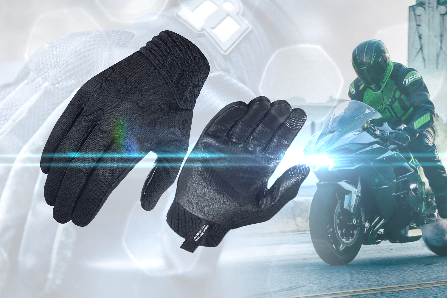 Close-up image of black Icon Anthem Stealth Gloves overlayed on image of ride in green Icon gear on sportbike