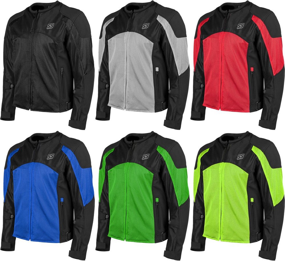 Collage of Speed and Strength Midnight Express Mesh Jackets in 6 different colors; top row of three: black, silver, red; bottom row of three: blue, green, yellow