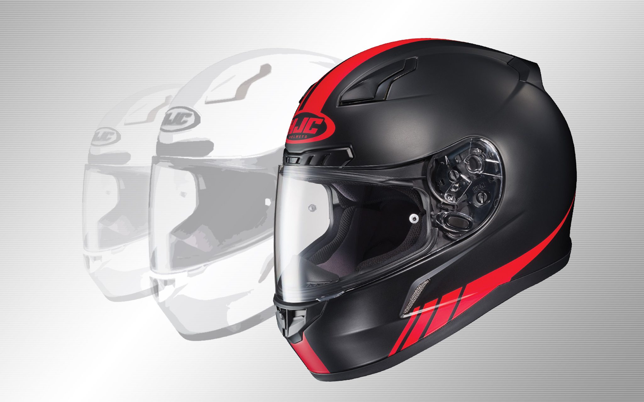graphic of red HJC CL17 with two see-through images of same model helmets behind