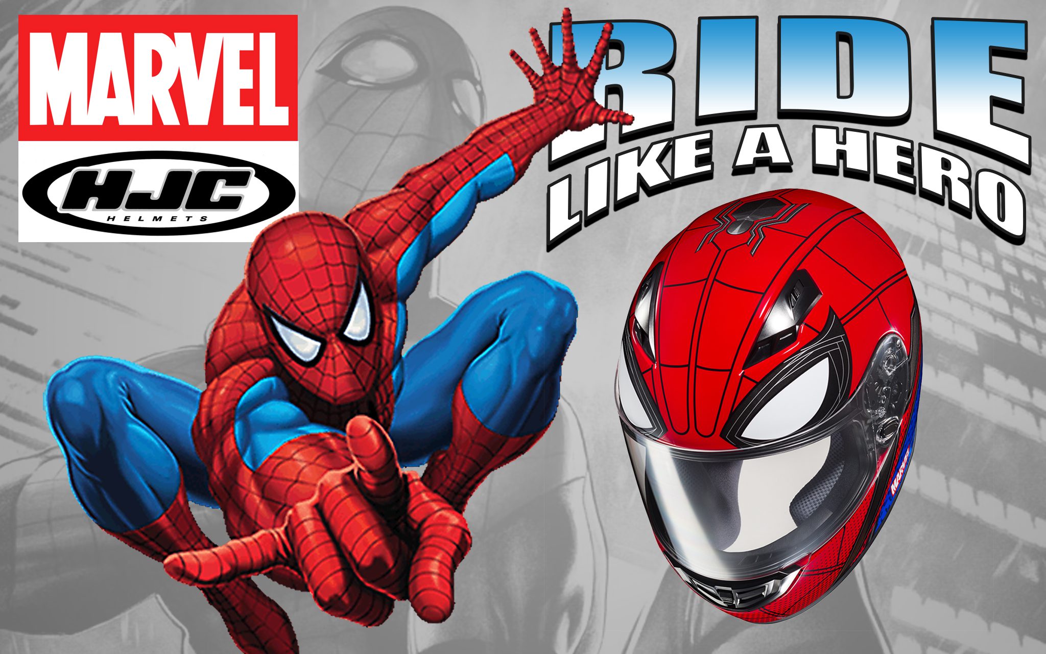 Official graphic from HJC and Marvel featuring comic Spider-Man and the Spider-Man Homecoming Helmet with the words "Ride like a Hero"