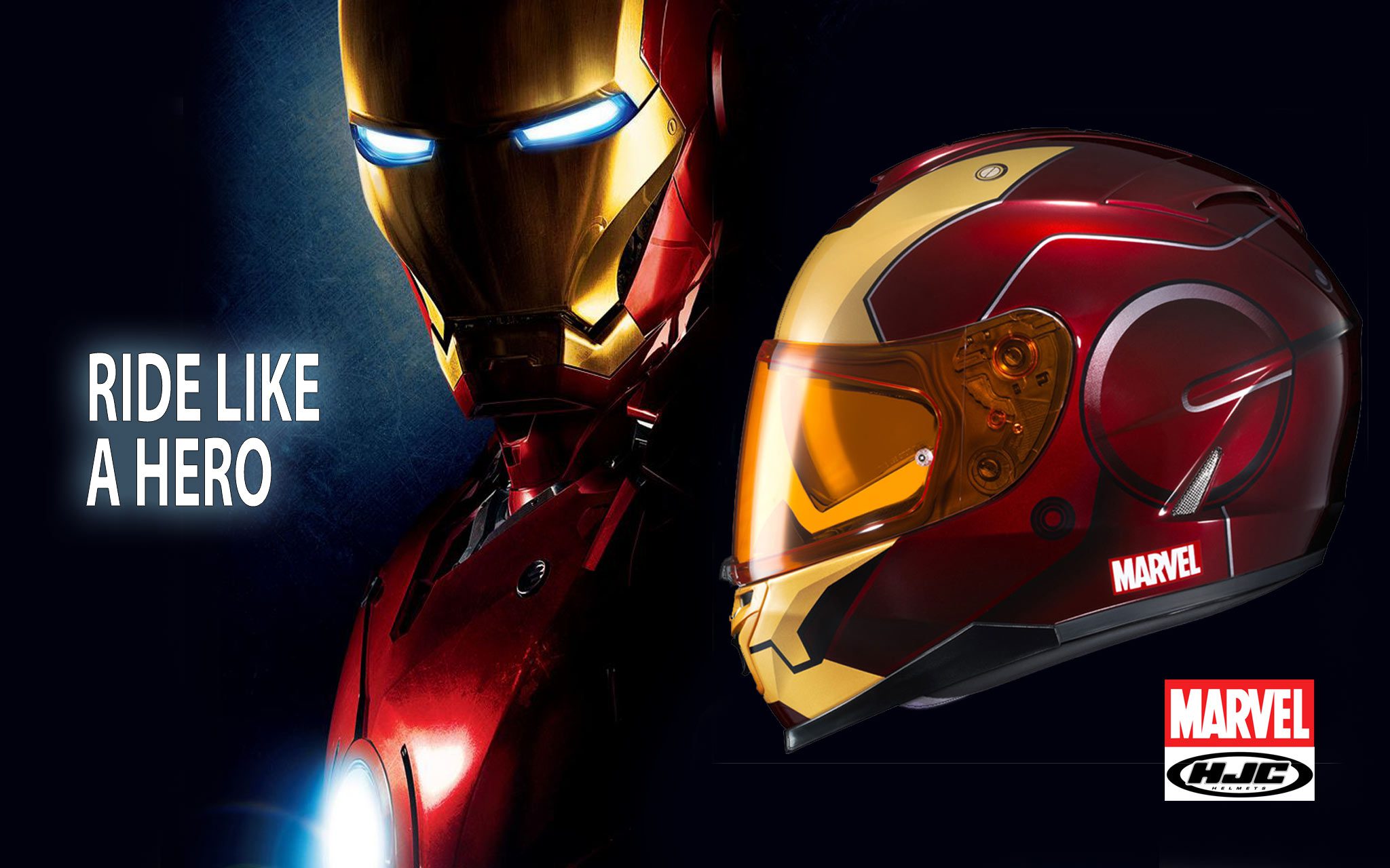 Official graphic from HJC and Marvel featuring the HJC Iron Man Helmet over movie poster for Iron Man, with the words "Ride like a hero"