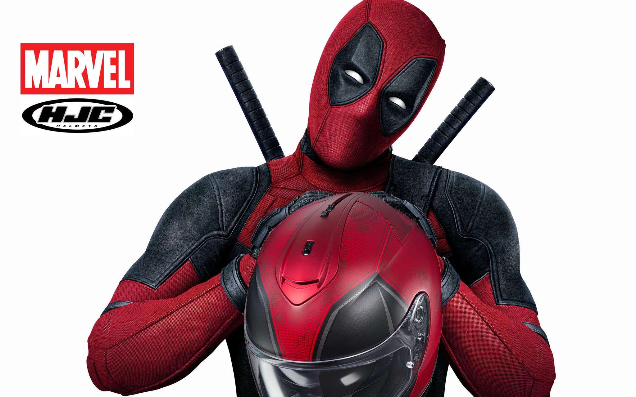 Official graphic from HJC and Marvel featuring HJC Deadpool Helmet and movie Deadpool