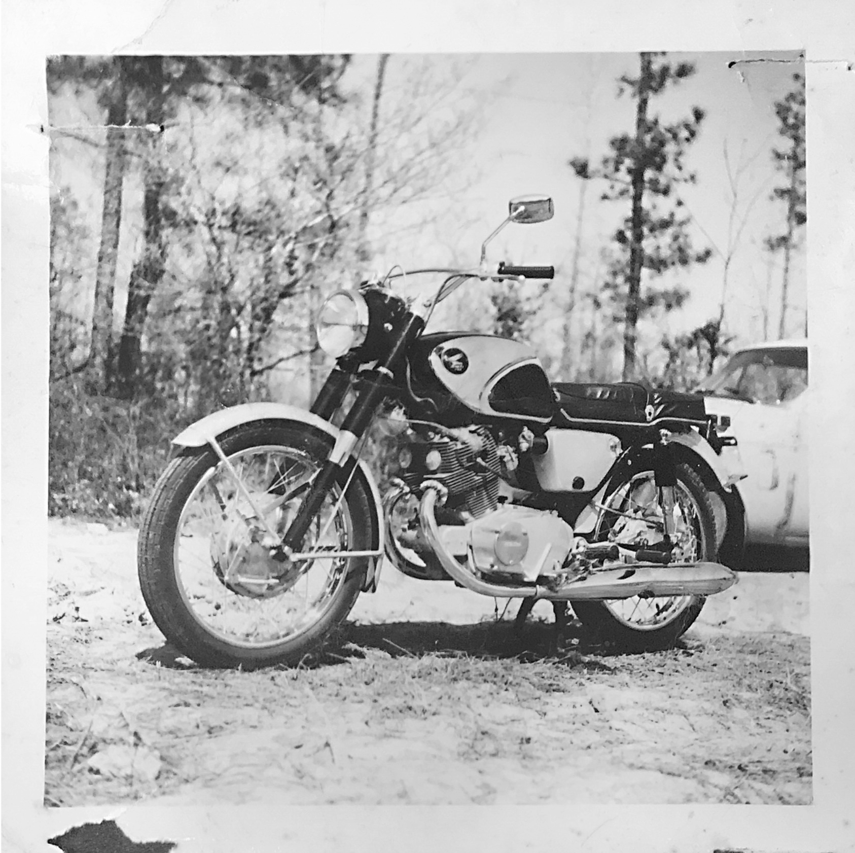 Black and white photo of Honda Super Hawk motorcycle