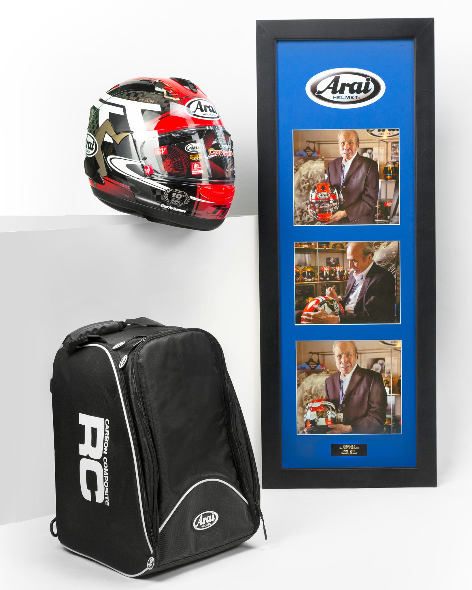 collage of signed helmet, helmet bag, and photo frame with three photos of Mister Arai posing with Helmet
