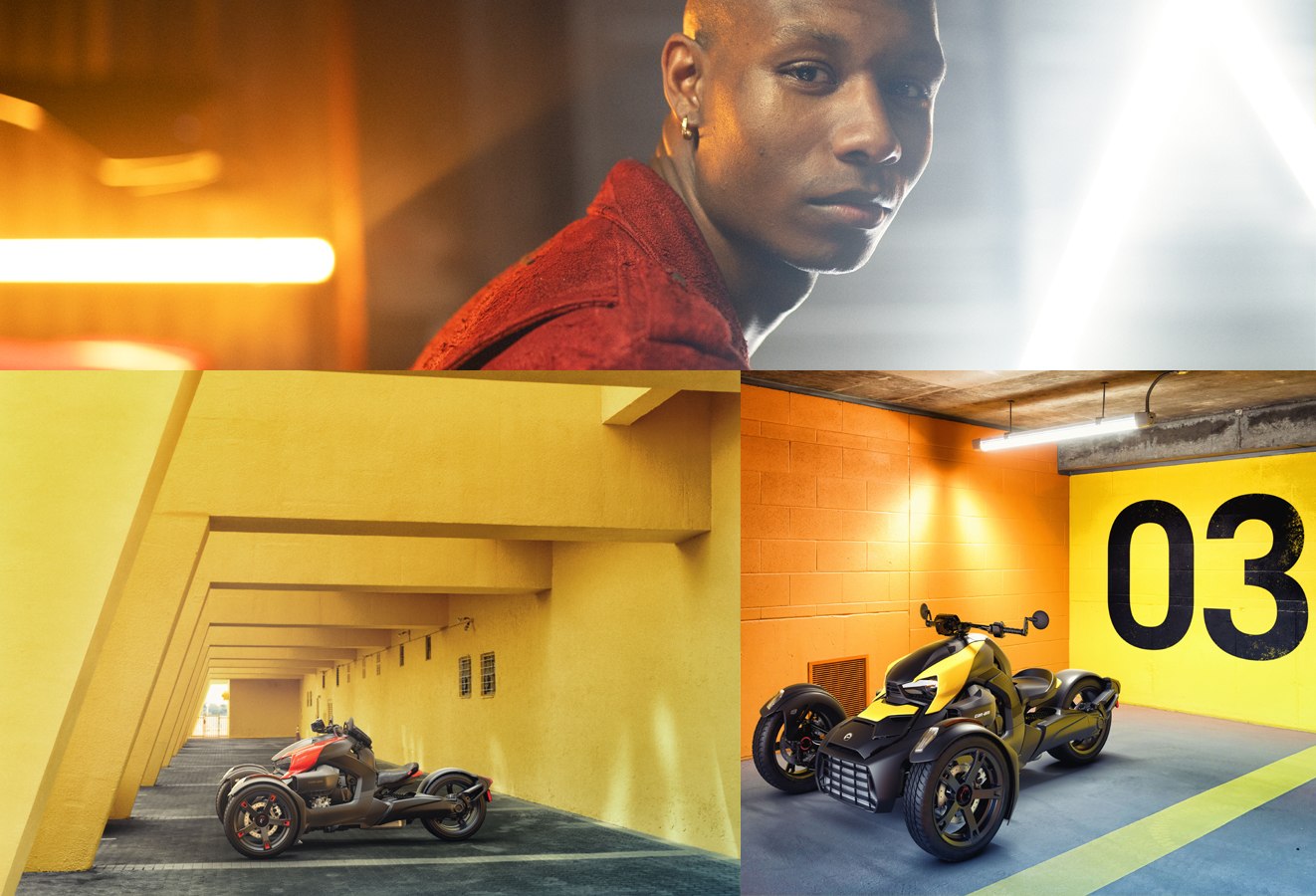 collage of Can Am Rykers in yellow parking garage