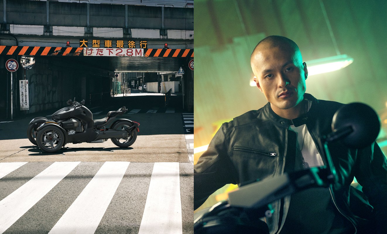 collage left to right of black Can Am Ryker under Japanese street sign and close up of rider in neon lit garage