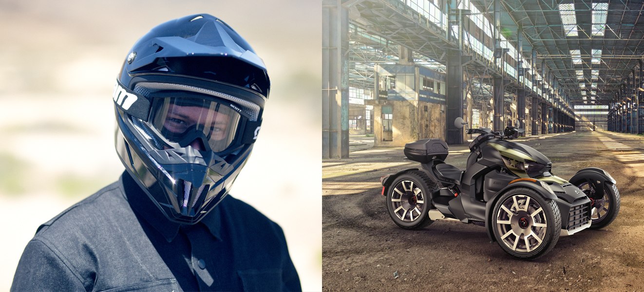 collage left to right of rider facing camera and black Can Am Ryker parked in abandoned warehouse