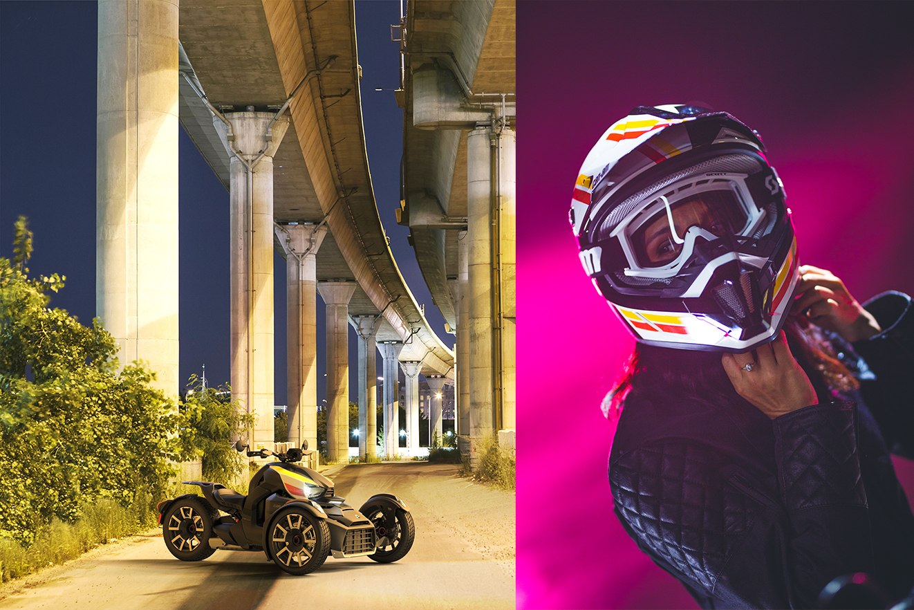 collage left to right of yellow Can Am Ryker parked under overpasses and rider fastening helmet on