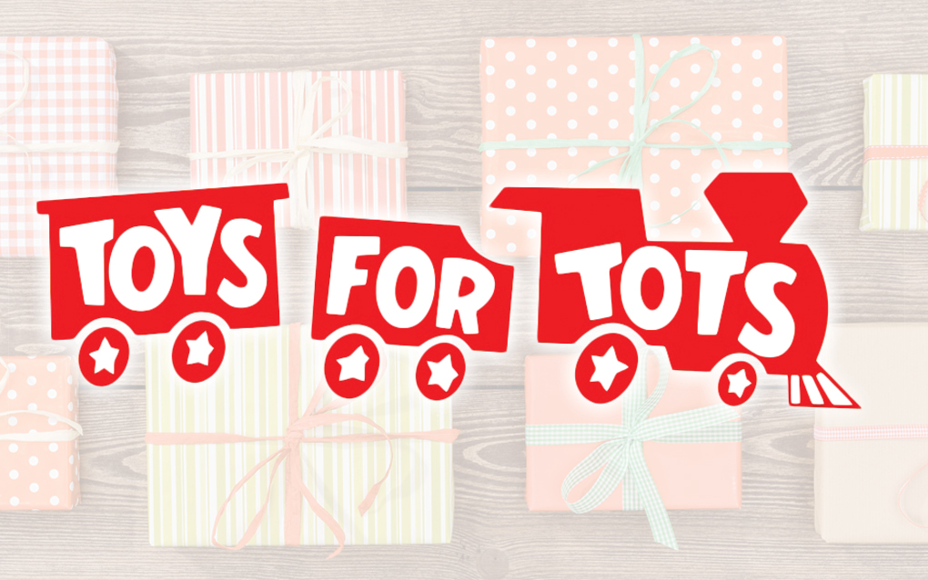 Toys for Tots graphic of train cars over faded background of Christmas presents