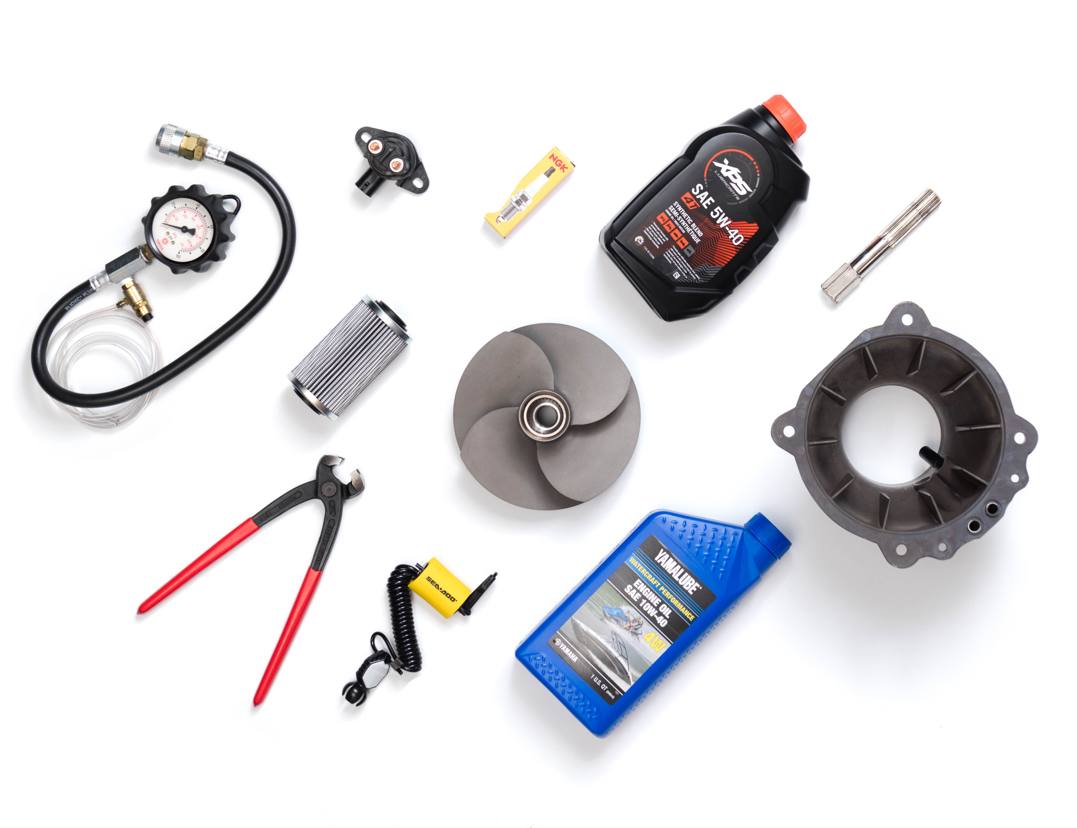 stock photo of assortment of parts and oil available for jet skis