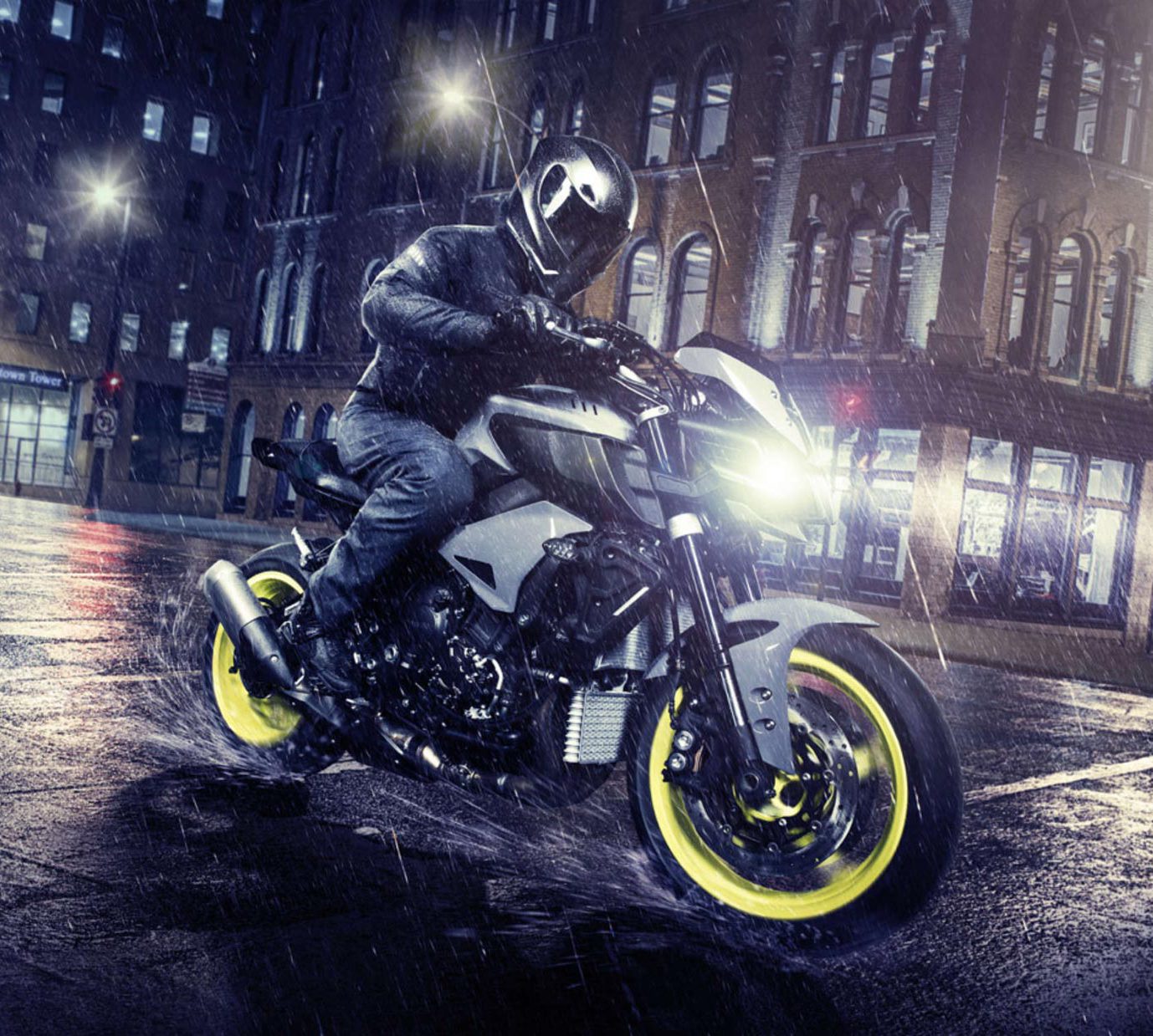 Rider in full gear during a rain shower