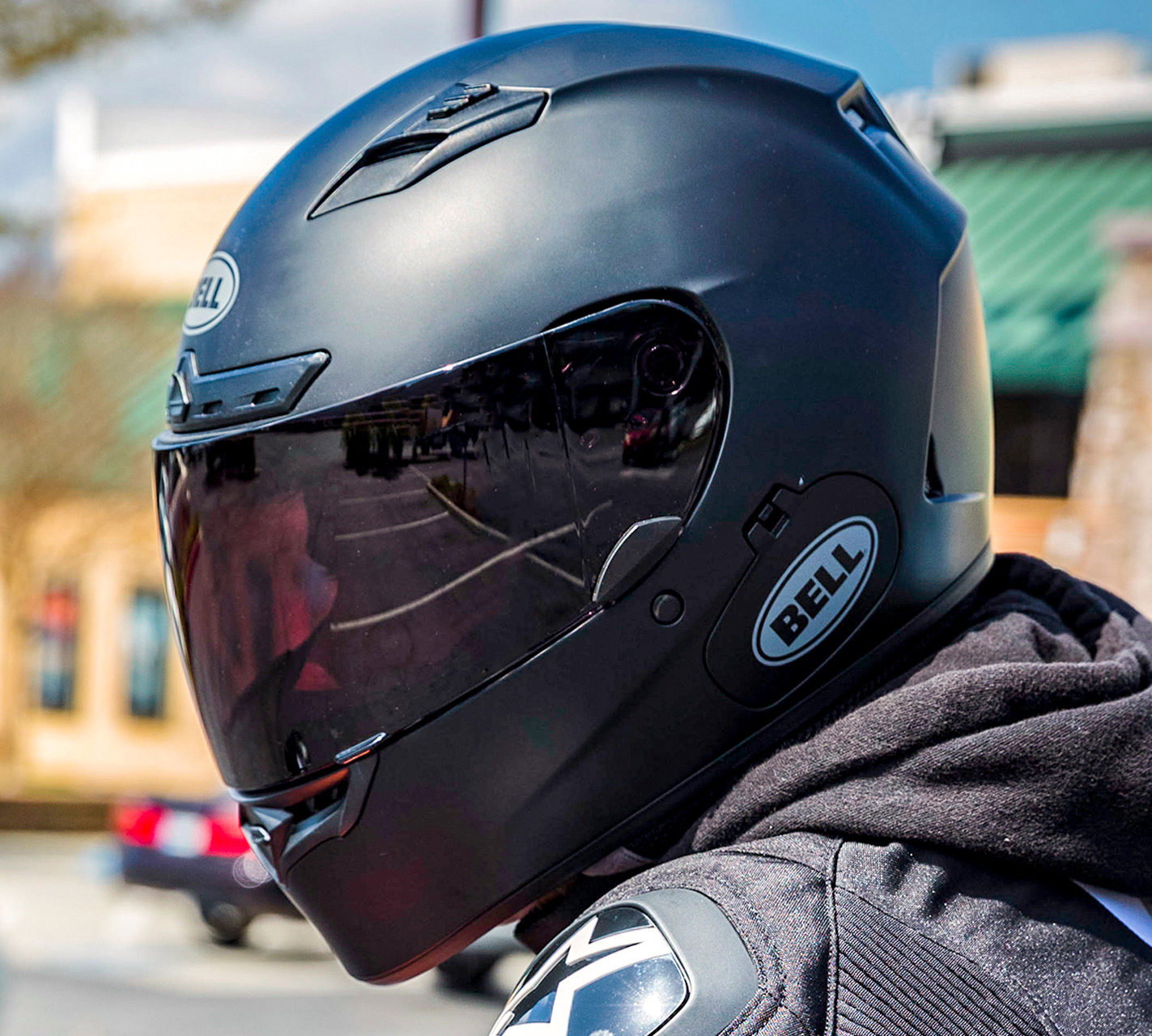 Head shot of rider wearing a helmet