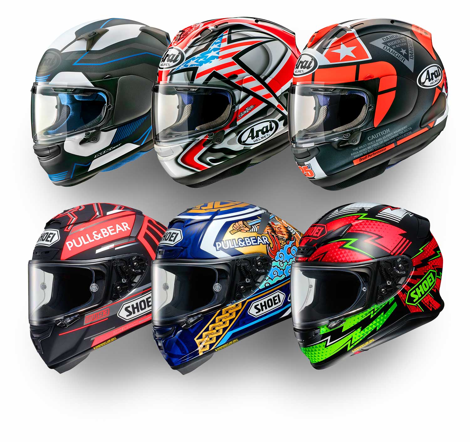 Two rows of three helmets each with Arai helmets on top and Shoei helmets on bottom