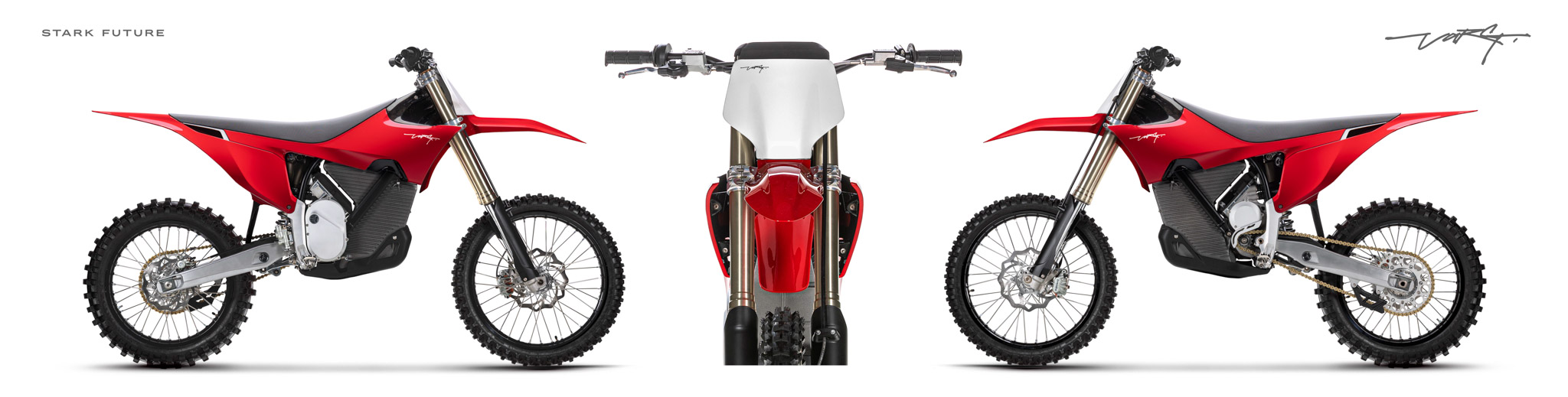 Collage of red Stark Varg stock photos, showing right side, close-up front, and left side of bike