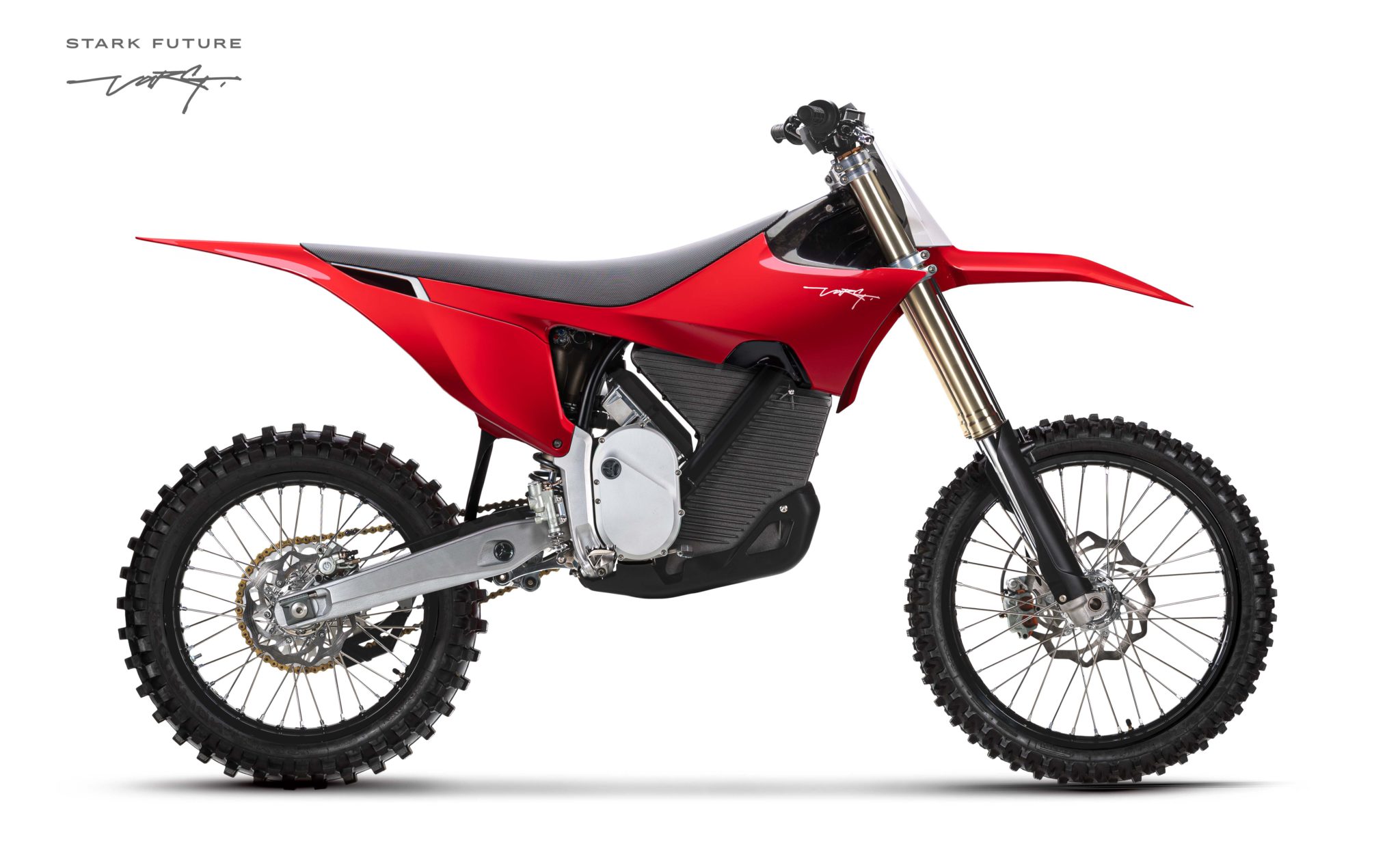 Stock image of red Stark Varg dirt bike, sideview