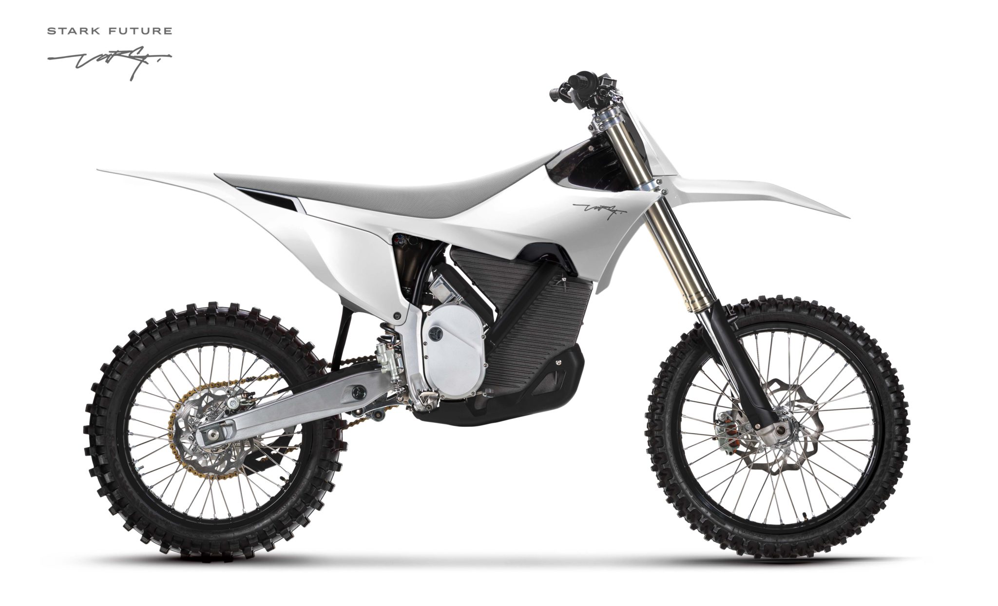 Stock image of white Stark Varg dirt bike, sideview