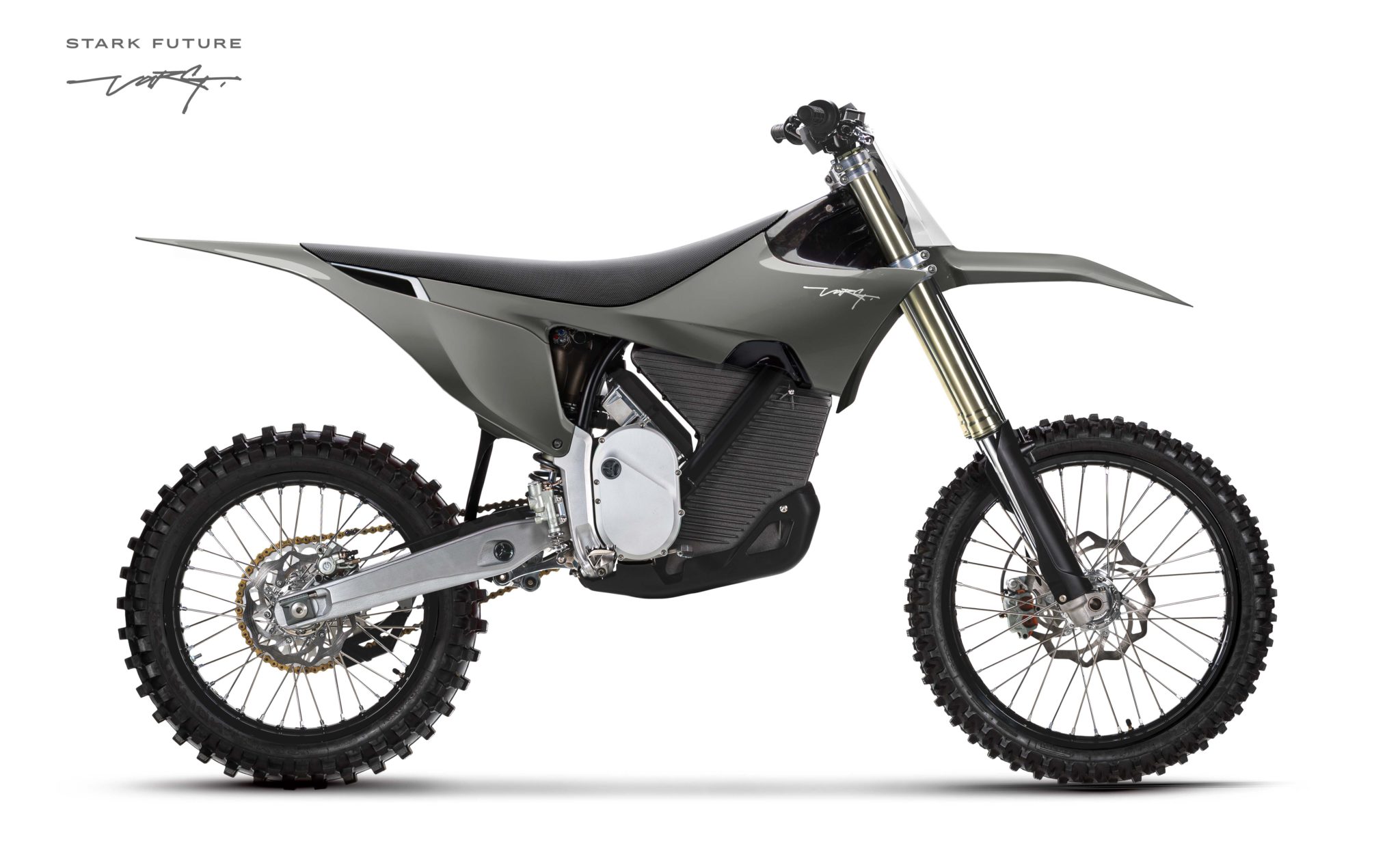 Stock image of grey Stark Varg dirt bike, sideview