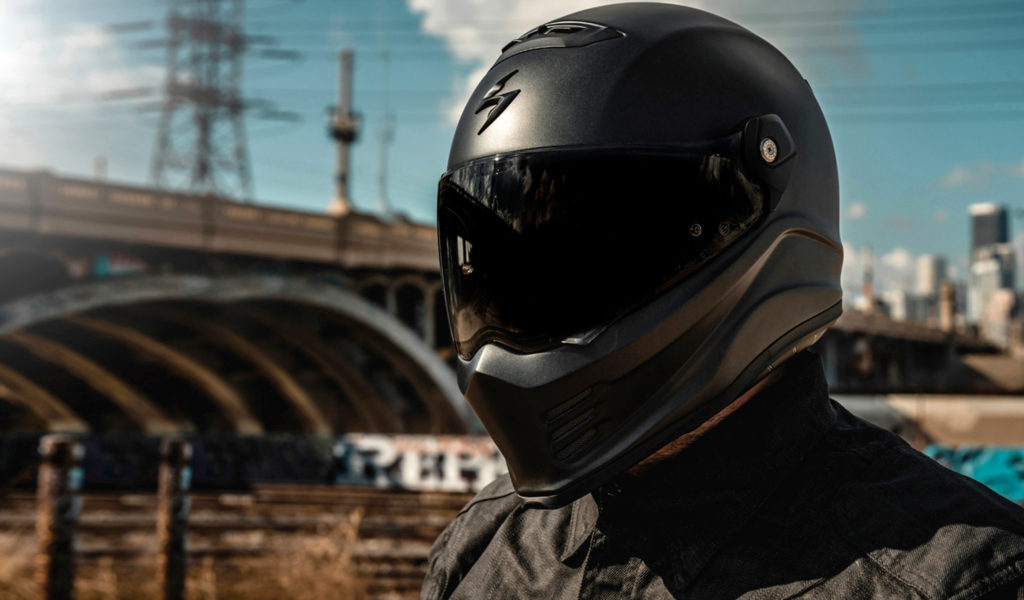 Close up of rider in Scorpion EXO Covert Helmet