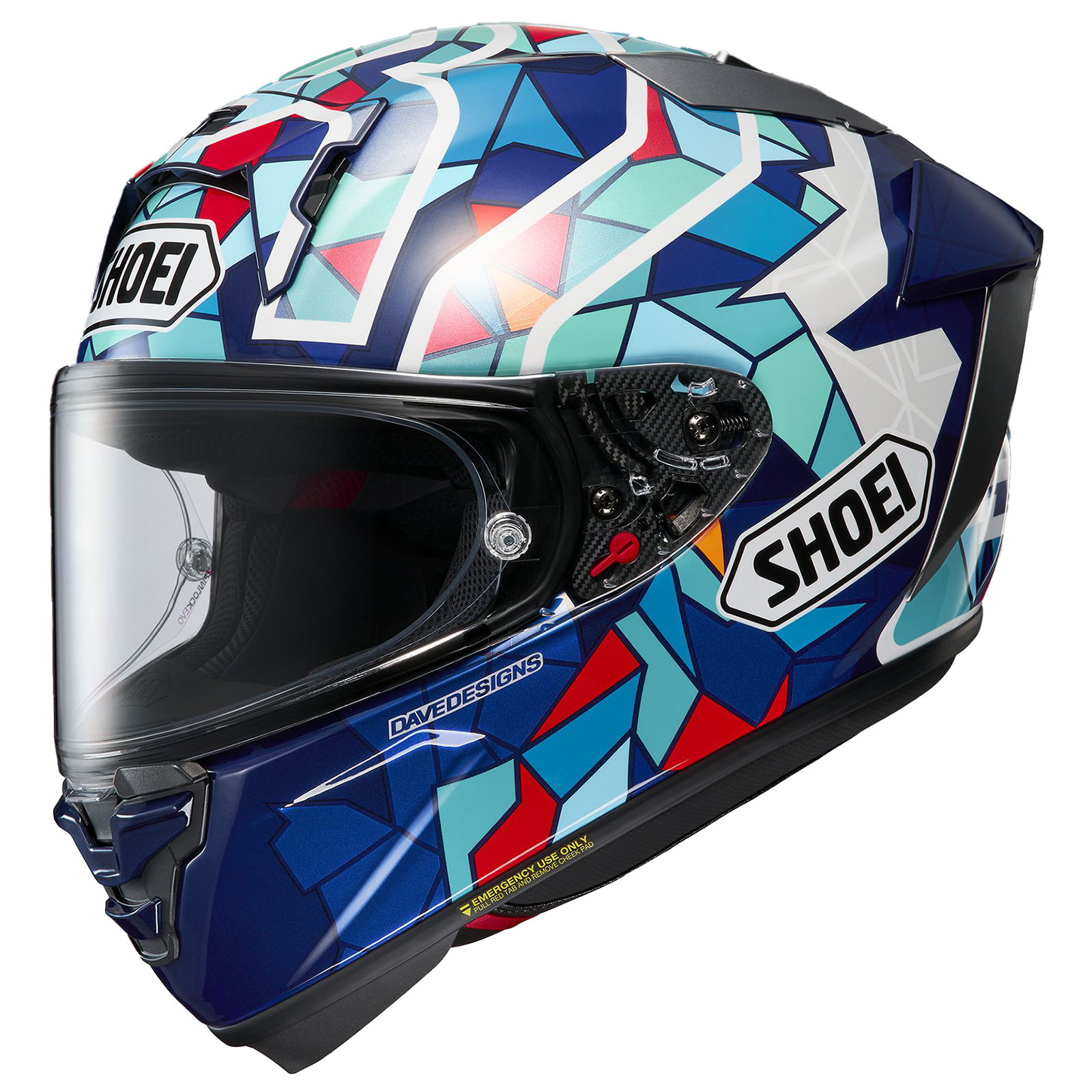 Shoei X-15, example shown is Barcelona graphic with Red, White and Blue stained-glass pattern